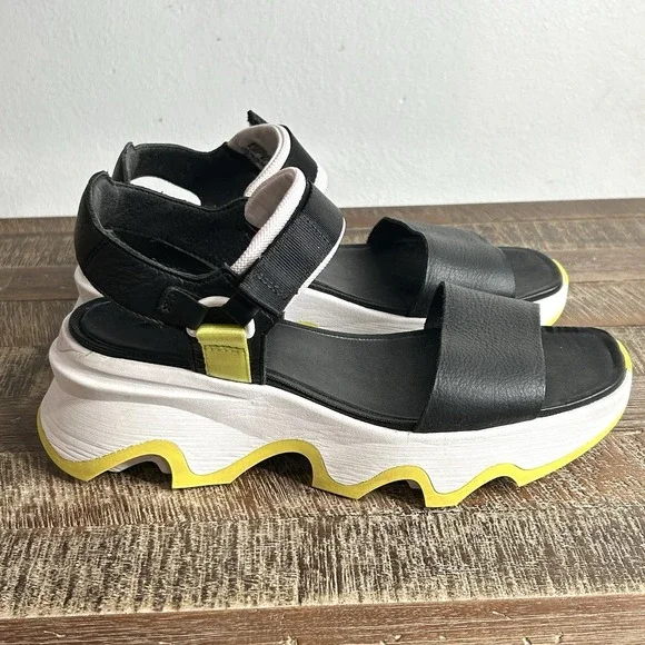 Sorel Kinetic Impact Y Strap High Sandals 9.5 Leather Chunky Platform Black - Picture 2 of 9